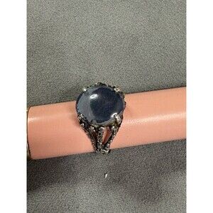 Vintage Sterling Silver Oval Two Tone Blue Cabochon Ring Boho Statement Size 6.5